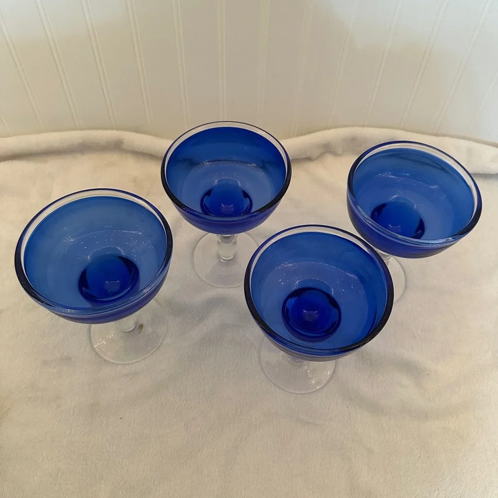 Vintage Margarita Glasses Set of 4 Cobalt Blue Clear Bubble Stem Excellent MCM